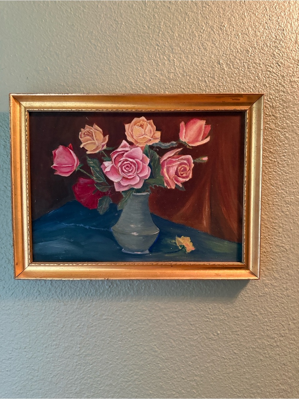 Vintage 193o’s Painting Of Roses Gold Framed Oil On Board